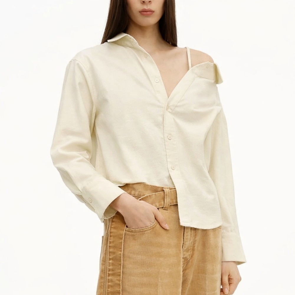 OAK + FORT Textured Off-Shoulder Asymmetrical Cropped Cream Button Up Shirt Sz M